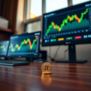 Pièce dorée verticale sur un bureau de trading sombre avec écrans flous en arrière-plan