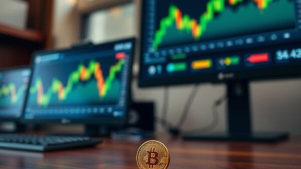 Pièce dorée verticale sur un bureau de trading sombre avec écrans flous en arrière-plan