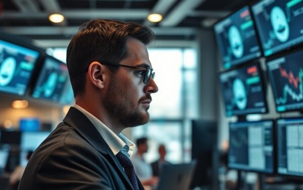 Trader observant ses ecrans dans un open space financier au petit matin