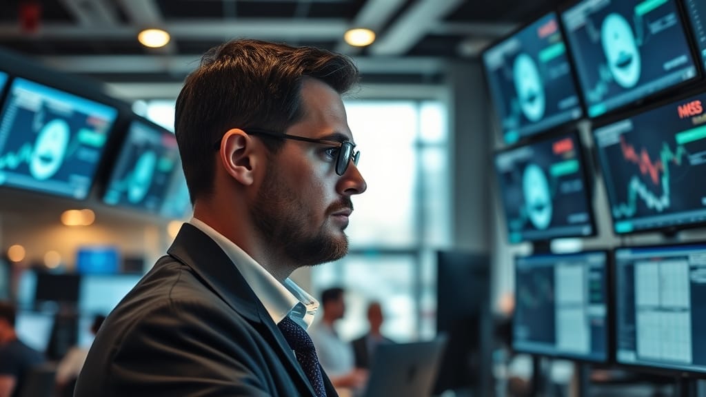Bitcoin a 76 500 dollars : l'attente du FOMC fige le marche 1 Trader observant ses ecrans dans un open space financier au petit matin