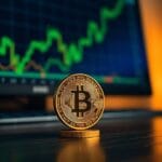 Pièce dorée debout sur un bureau de trading avec courbes vertes en arrière-plan