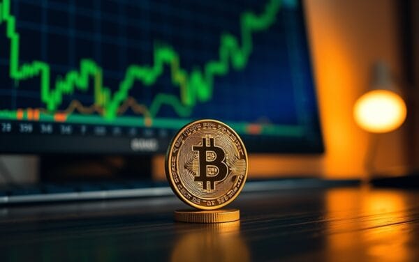 Pièce dorée debout sur un bureau de trading avec courbes vertes en arrière-plan