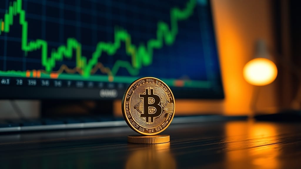 Pièce dorée debout sur un bureau de trading avec courbes vertes en arrière-plan