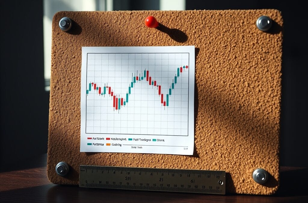 Graphique en chandeliers epingle sur un tableau en liege avec regle en laiton