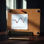 Graphique en chandeliers epingle sur un tableau en liege avec regle en laiton