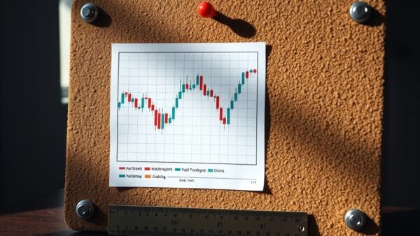 Graphique en chandeliers epingle sur un tableau en liege avec regle en laiton