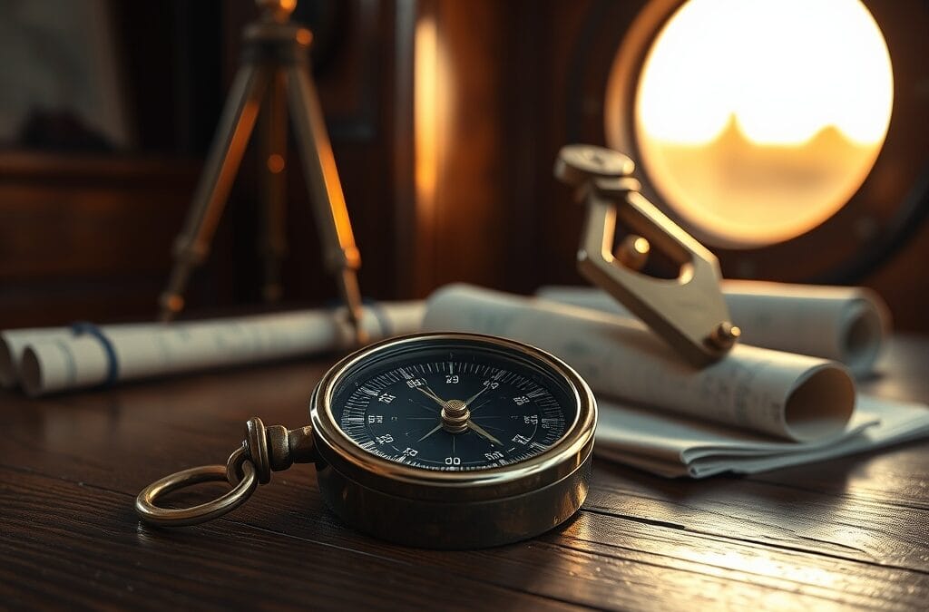 Boussole nautique patinee sur une table a cartes en chene avec sextant en laiton