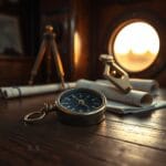 Boussole nautique patinee sur une table a cartes en chene avec sextant en laiton