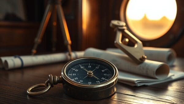 Boussole nautique patinee sur une table a cartes en chene avec sextant en laiton