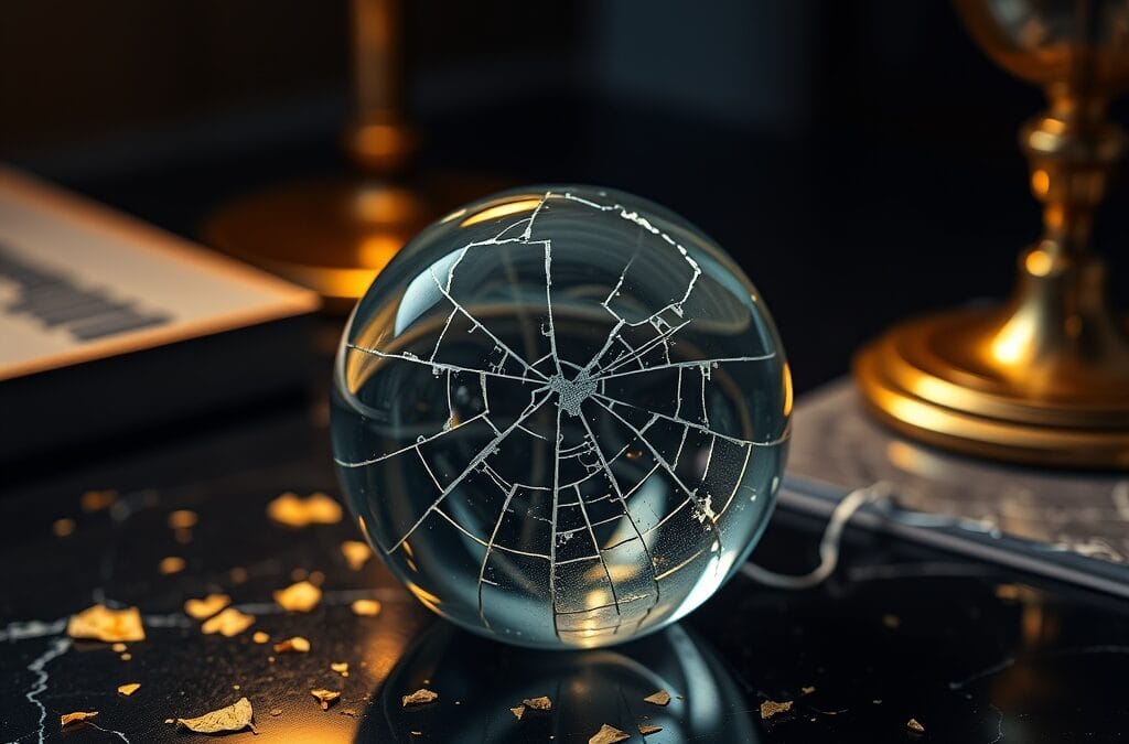 Presse-papier en verre fissure sur un bureau en marbre sombre avec fragments de feuille d or