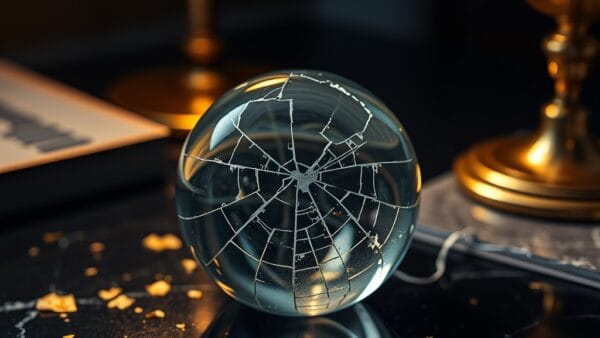 Presse-papier en verre fissure sur un bureau en marbre sombre avec fragments de feuille d or