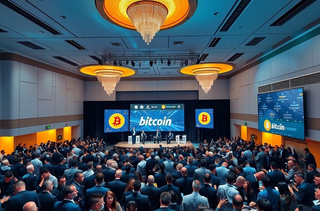 Salle de conférence Bitcoin 2026 à Las Vegas avec orateurs et public professionnel