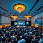 Salle de conférence Bitcoin 2026 à Las Vegas avec orateurs et public professionnel