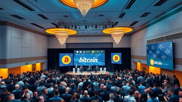 Salle de conférence Bitcoin 2026 à Las Vegas avec orateurs et public professionnel