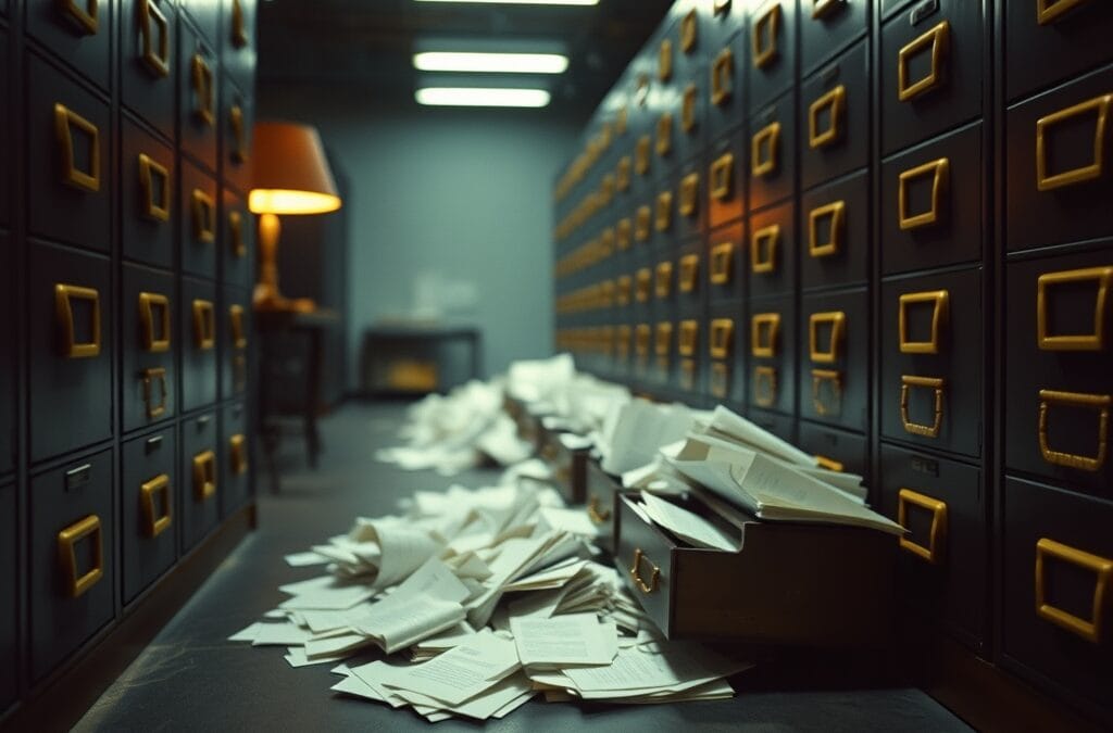 Tiroirs de classeur en laiton ouverts avec des papiers debordant sur un sol en beton sombre