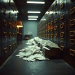 Tiroirs de classeur en laiton ouverts avec des papiers debordant sur un sol en beton sombre