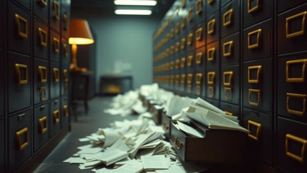 Tiroirs de classeur en laiton ouverts avec des papiers debordant sur un sol en beton sombre