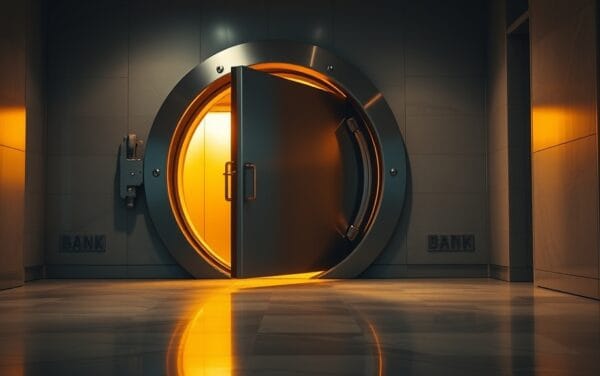 Porte de coffre-fort de banque entrouverte sur intérieur lumineux
