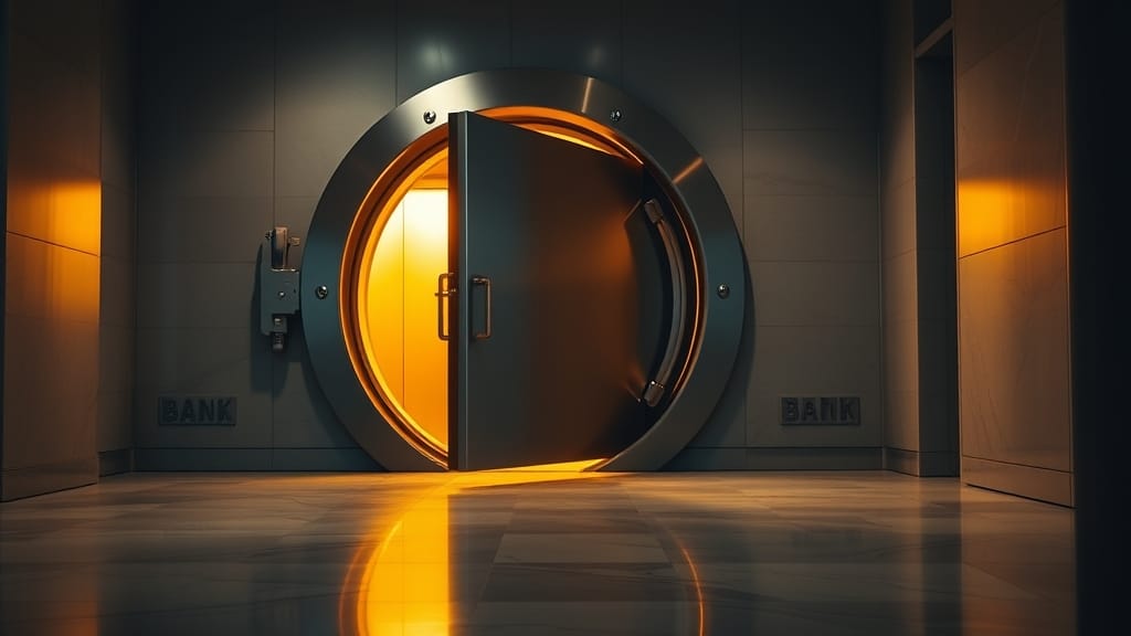 Porte de coffre-fort de banque entrouverte sur intérieur lumineux