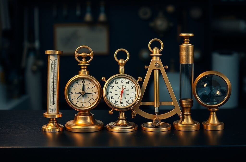 Cinq instruments scientifiques en laiton alignés sur un plan de travail de laboratoire