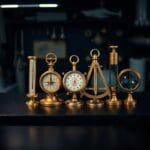 Cinq instruments scientifiques en laiton alignés sur un plan de travail de laboratoire