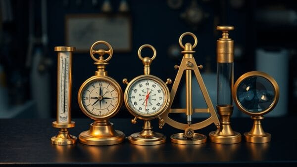 Cinq instruments scientifiques en laiton alignés sur un plan de travail de laboratoire