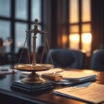 Balance en laiton penchant sous le poids d un lingot d or sur un bureau en acajou