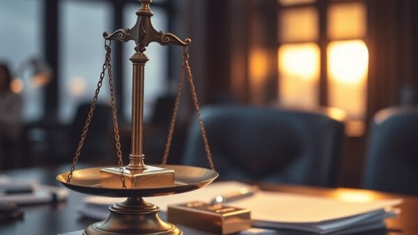 Balance en laiton penchant sous le poids d un lingot d or sur un bureau en acajou