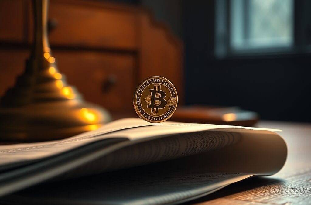 Pièce dorée en équilibre sur un journal plié à la lumière chaude d'une lampe de bureau en laiton