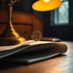 Pièce dorée en équilibre sur un journal plié à la lumière chaude d'une lampe de bureau en laiton