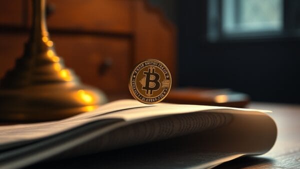 Pièce dorée en équilibre sur un journal plié à la lumière chaude d'une lampe de bureau en laiton