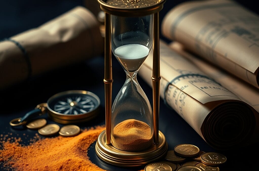 Sablier en laiton presque vide sur table de salle de guerre avec boussole et cartes