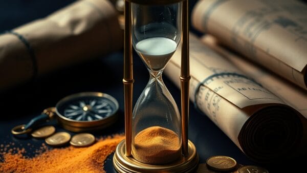 Sablier en laiton presque vide sur table de salle de guerre avec boussole et cartes