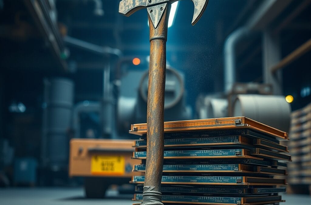 Pioche industrielle usée contre des circuits en cuivre dans un entrepôt sombre