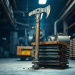 Pioche industrielle usée contre des circuits en cuivre dans un entrepôt sombre