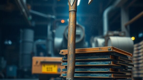 Pioche industrielle usée contre des circuits en cuivre dans un entrepôt sombre