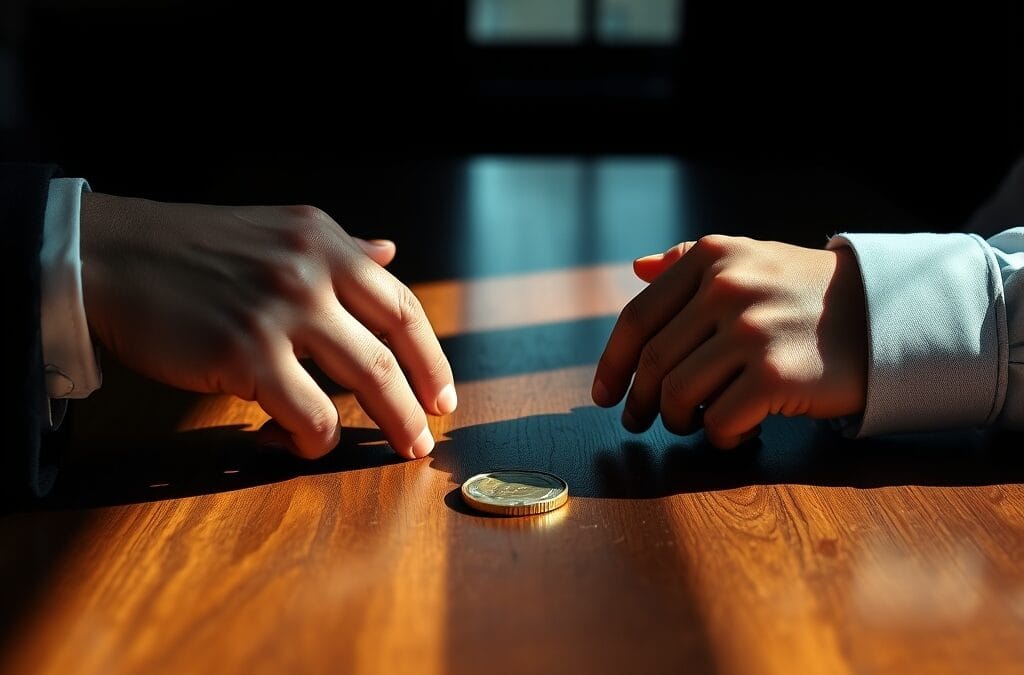 Deux mains de part et d'autre d'une table avec une pièce dorée au centre