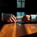 Deux mains de part et d'autre d'une table avec une pièce dorée au centre