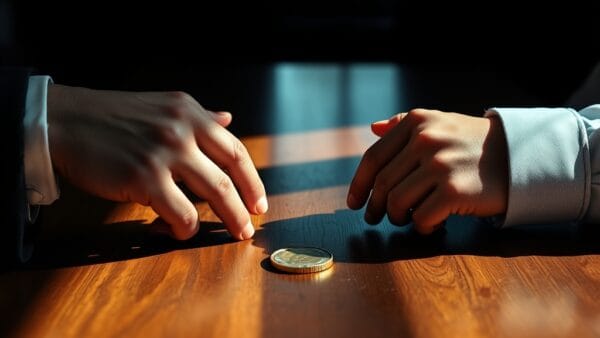 Deux mains de part et d'autre d'une table avec une pièce dorée au centre