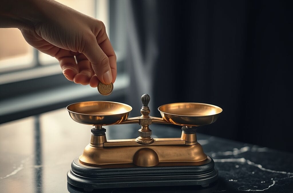 Balance en laiton en équilibre avec des pièces dorées sur un plan en marbre sombre