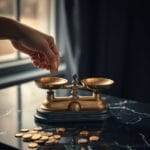 Balance en laiton en équilibre avec des pièces dorées sur un plan en marbre sombre