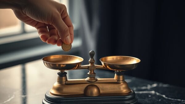 Balance en laiton en équilibre avec des pièces dorées sur un plan en marbre sombre