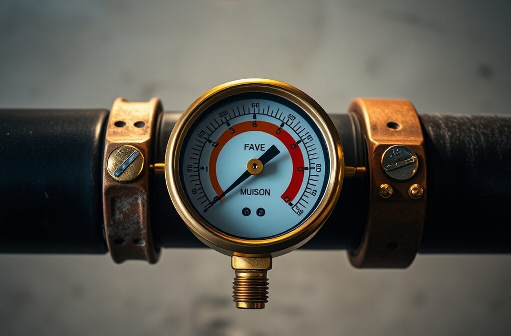 Manometre en laiton avec aiguille dans la zone rouge sur un tuyau industriel