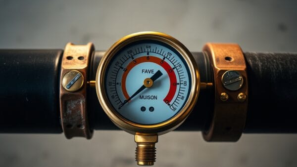 Manometre en laiton avec aiguille dans la zone rouge sur un tuyau industriel