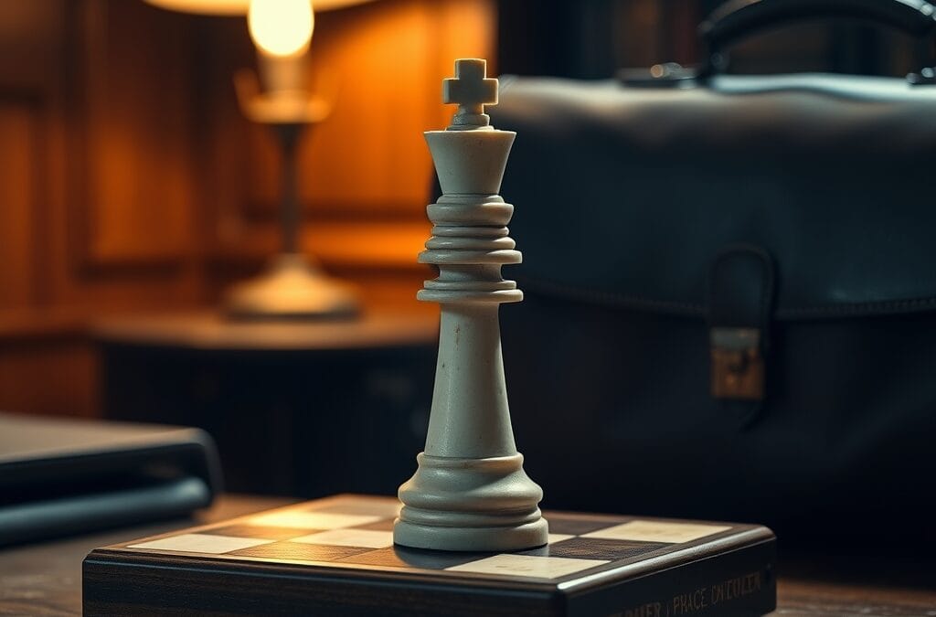 Pièce de roi en marbre sur un échiquier en bois à côté d'une mallette diplomatique