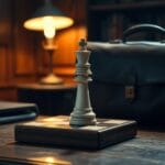 Pièce de roi en marbre sur un échiquier en bois à côté d'une mallette diplomatique