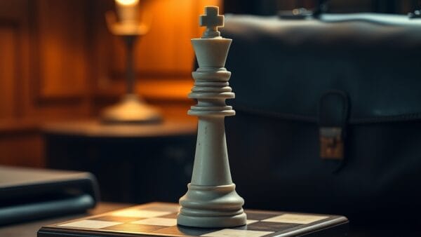 Pièce de roi en marbre sur un échiquier en bois à côté d'une mallette diplomatique