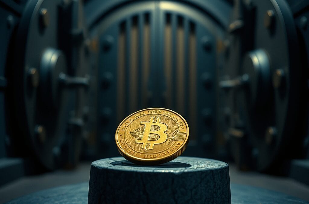 Pièce d or ternie sur un piédestal en pierre fissurée dans un coffre-fort bancaire