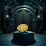 Pièce d or ternie sur un piédestal en pierre fissurée dans un coffre-fort bancaire