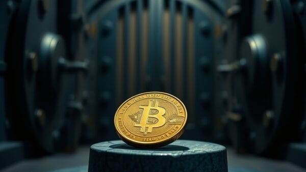 Pièce d or ternie sur un piédestal en pierre fissurée dans un coffre-fort bancaire